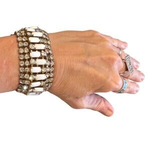 Vintage Hobé Clear Rhinestone & Milk Glass Beaded Bracelet